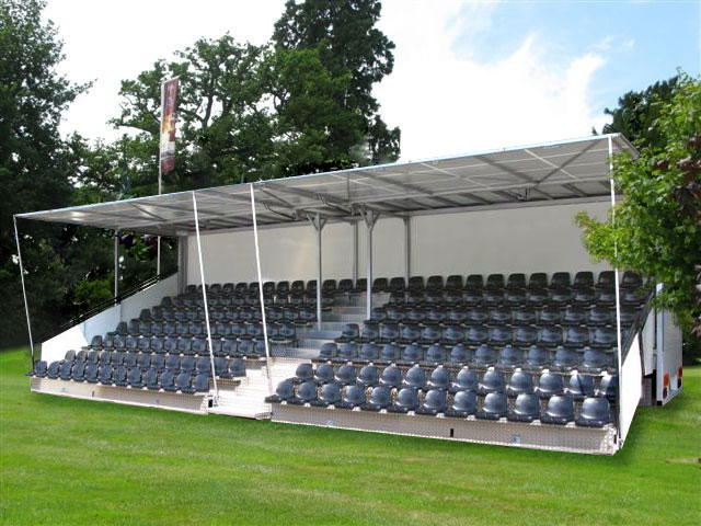 KL Seating GS160 mobile grandstand — 160 covered seats with grey seating, on grass at a showground